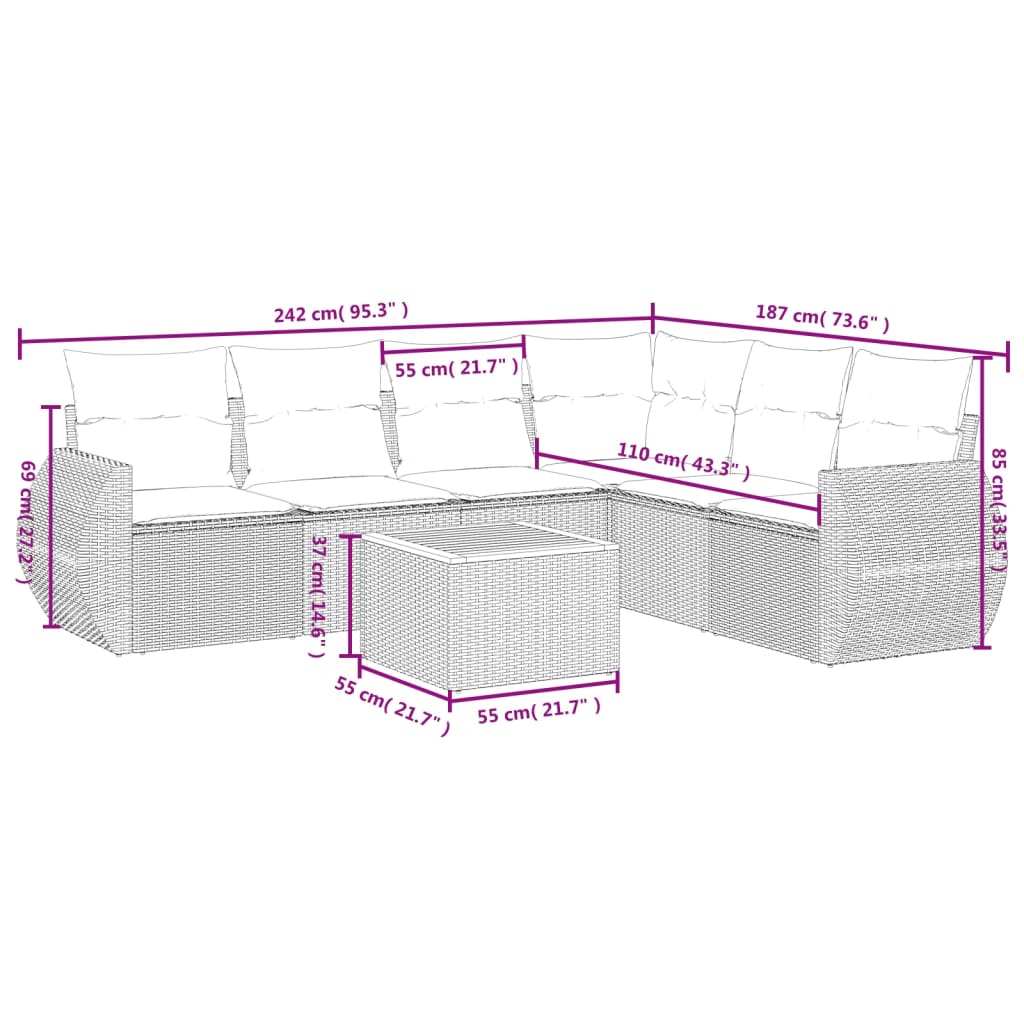 7-tlg. Garten-Sofagarnitur mit Kissen Beige Poly Rattan