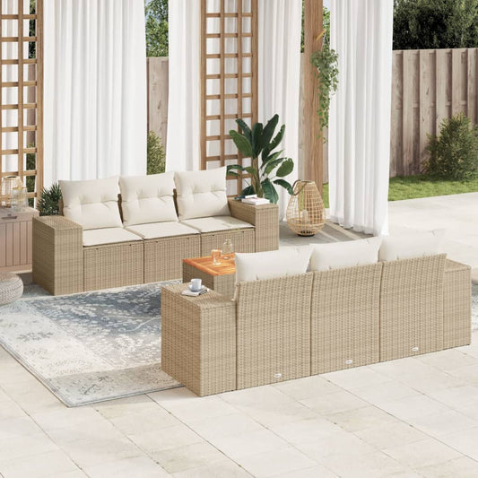 7-tlg. Garten-Sofagarnitur mit Kissen Beige Poly Rattan
