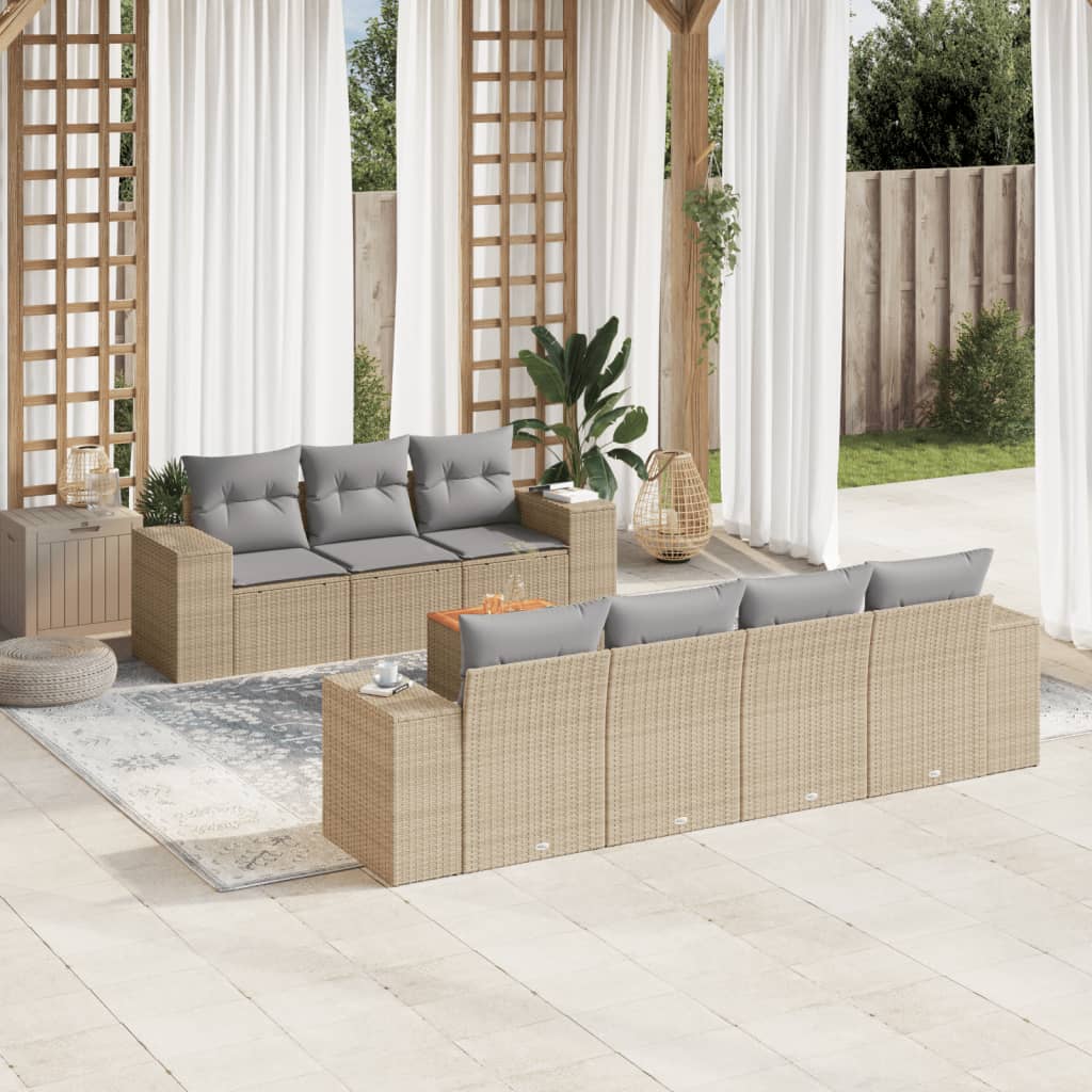 8-tlg. Garten-Sofagarnitur mit Kissen Beige Poly Rattan