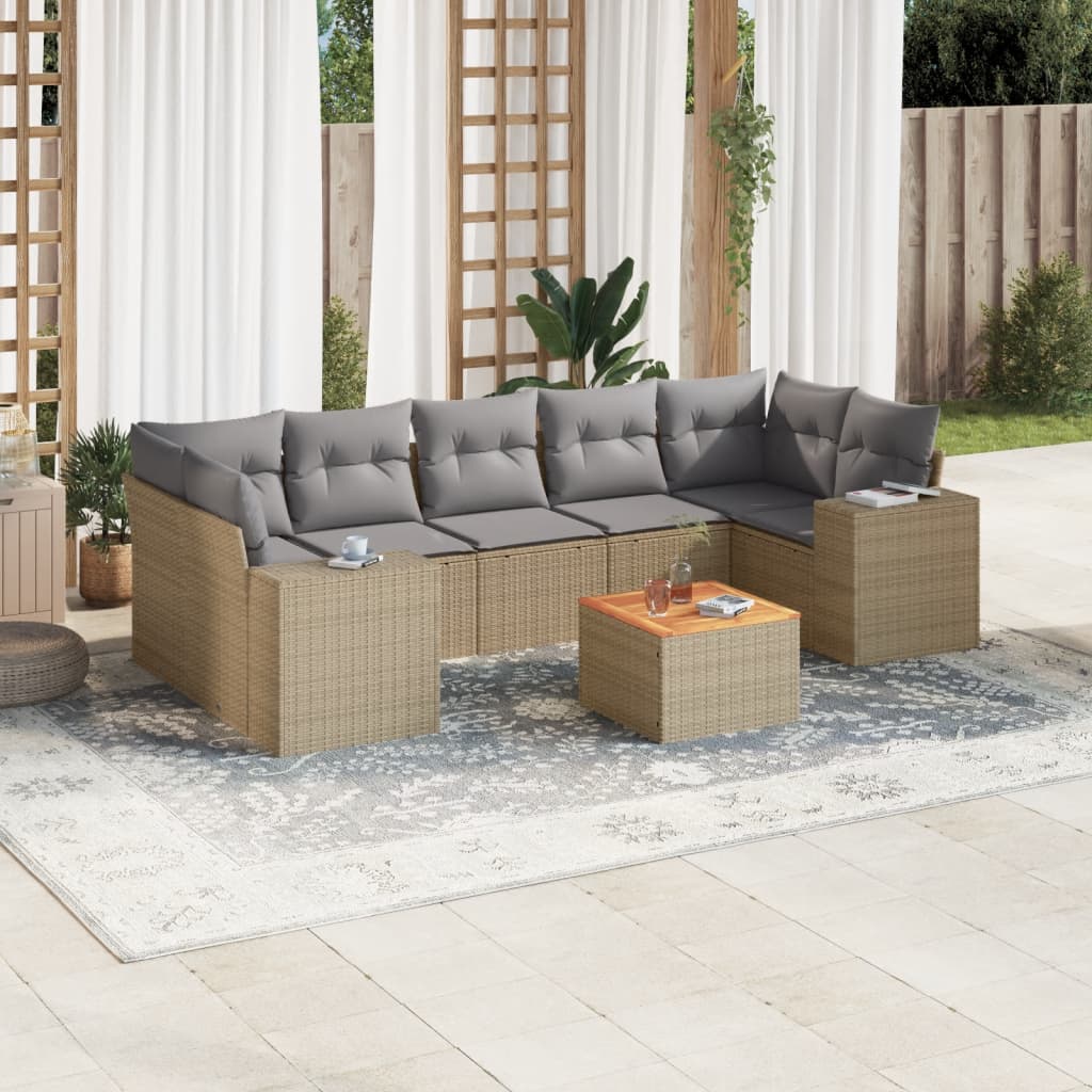8-tlg. Garten-Sofagarnitur mit Kissen Beige Poly Rattan