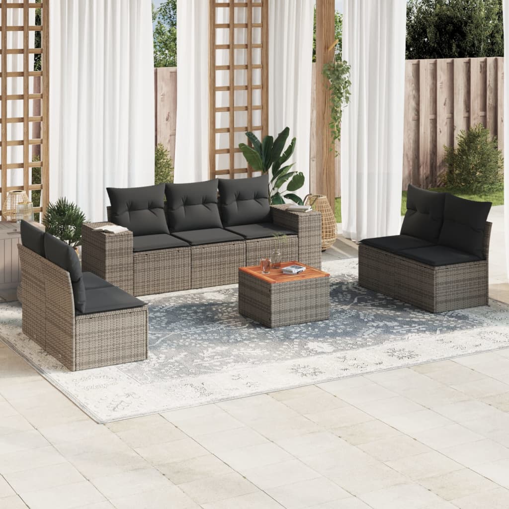 8-tlg. Garten-Sofagarnitur mit Kissen Grau Poly Rattan