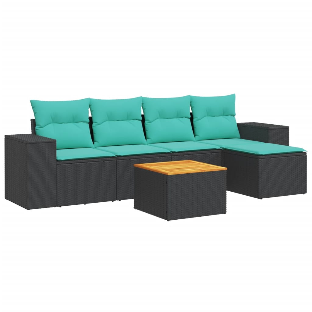 6-tlg. Garten-Sofagarnitur mit Kissen Schwarz Poly Rattan