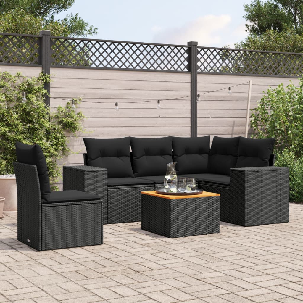 6-tlg. Garten-Sofagarnitur mit Kissen Schwarz Poly Rattan