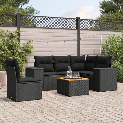 6-tlg. Garten-Sofagarnitur mit Kissen Schwarz Poly Rattan