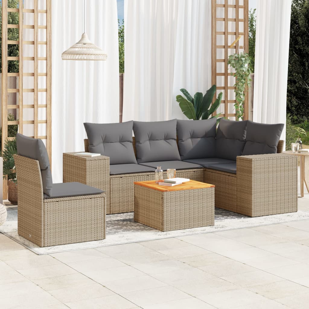 6-tlg. Garten-Sofagarnitur mit Kissen Beige Poly Rattan