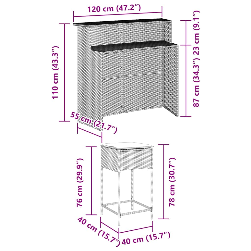 3-tlg. Gartenbar-Set mit Kissen Grau Poly Rattan