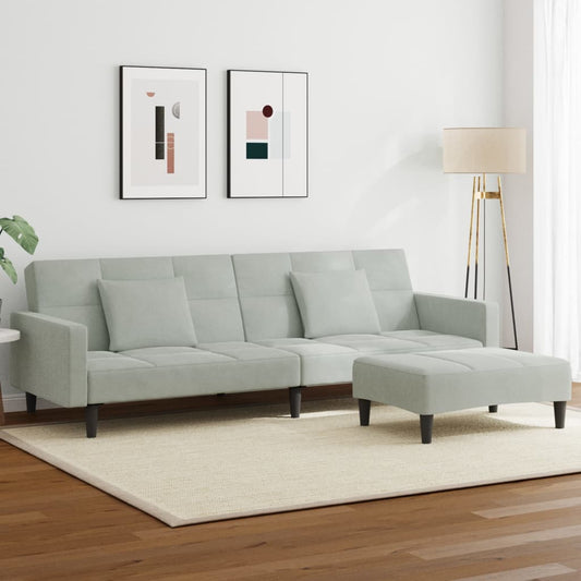 Schlafsofa 2-Sitzer mit Fußhocker Hellgrau Samt