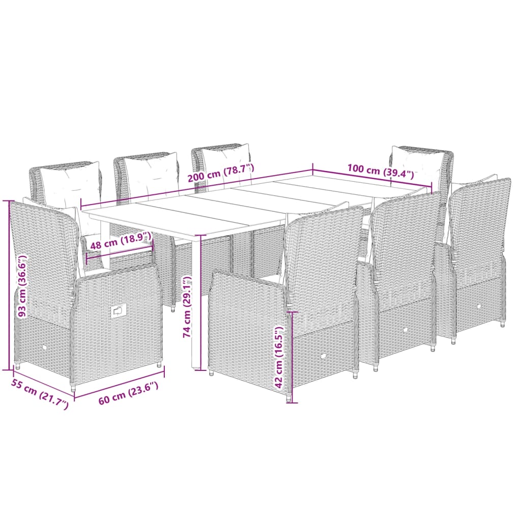 9-tlg. Garten-Essgruppe mit Kissen Braun Poly Rattan