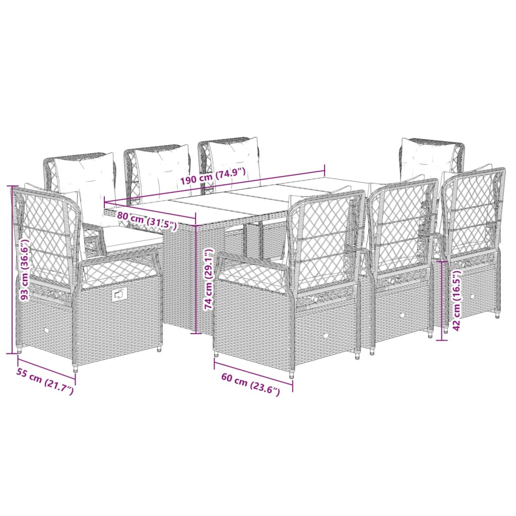 9-tlg. Garten-Essgruppe mit Kissen Braun Poly Rattan