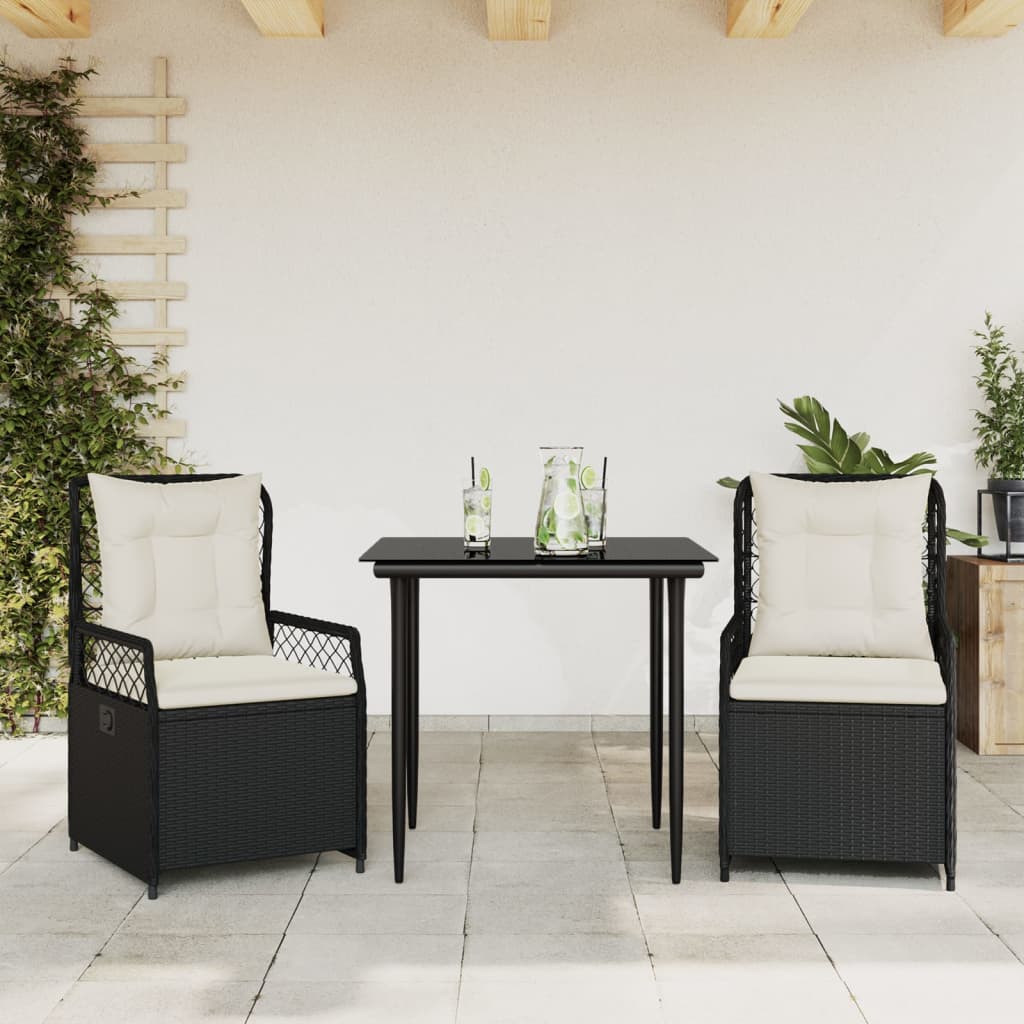 3-tlg. Garten-Essgruppe mit Kissen Schwarz Poly Rattan
