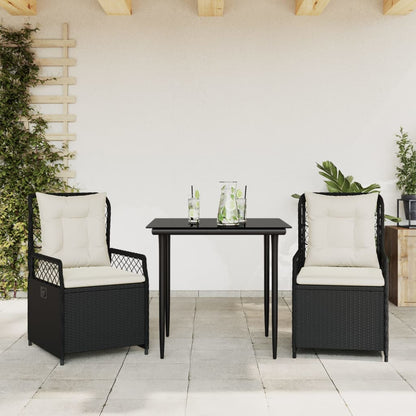 3-tlg. Garten-Essgruppe mit Kissen Schwarz Poly Rattan