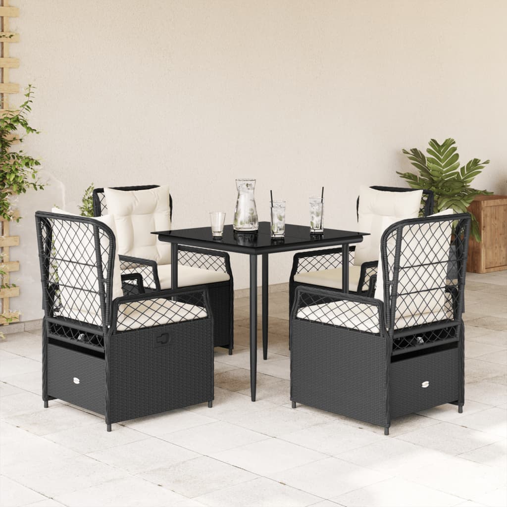 5-tlg. Garten-Essgruppe mit Kissen Schwarz Poly Rattan