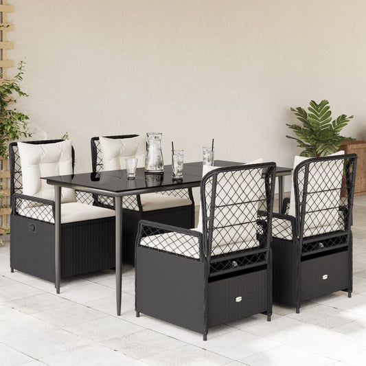 5-tlg. Garten-Essgruppe mit Kissen Schwarz Poly Rattan