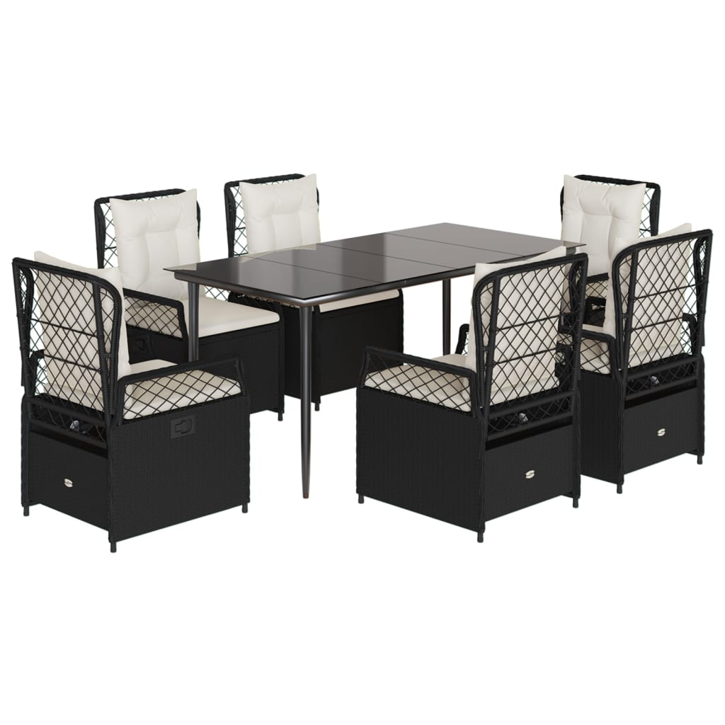 7-tlg. Garten-Essgruppe mit Kissen Schwarz Poly Rattan