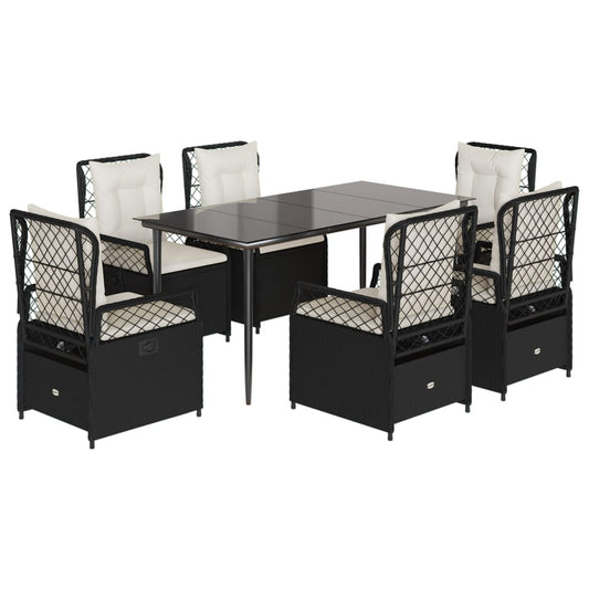 7-tlg. Garten-Essgruppe mit Kissen Schwarz Poly Rattan