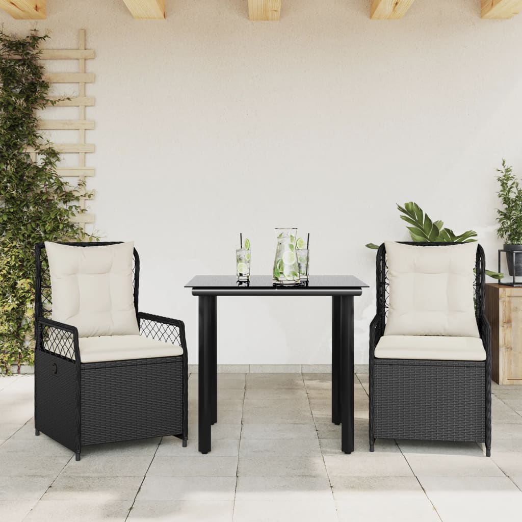 3-tlg. Garten-Essgruppe mit Kissen Schwarz Poly Rattan