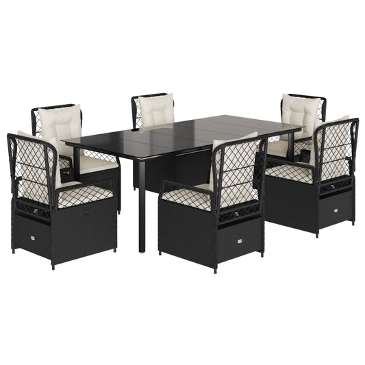 7-tlg. Garten-Essgruppe mit Kissen Schwarz Poly Rattan