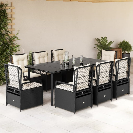 9-tlg. Garten-Essgruppe mit Kissen Schwarz Poly Rattan