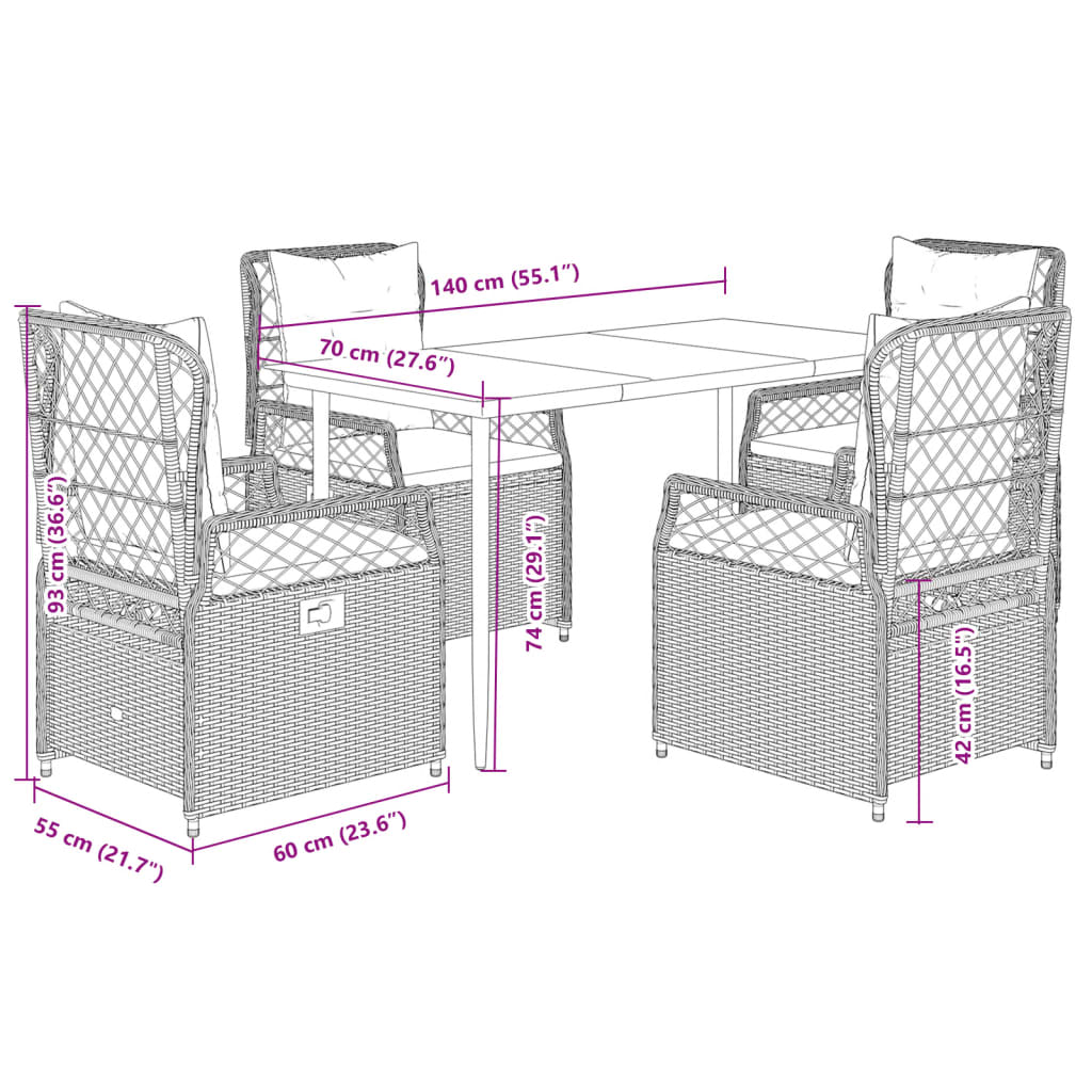 5-tlg. Garten-Essgruppe mit Kissen Braun Poly Rattan