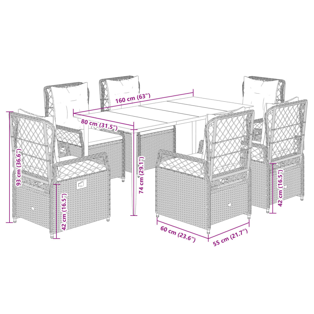 7-tlg. Garten-Essgruppe mit Kissen Braun Poly Rattan