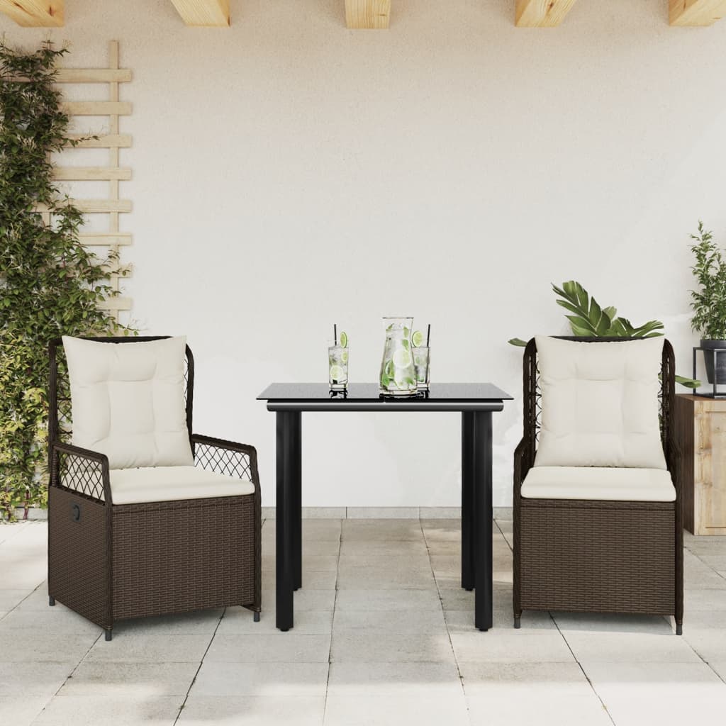 3-tlg. Garten-Essgruppe mit Kissen Braun Poly Rattan
