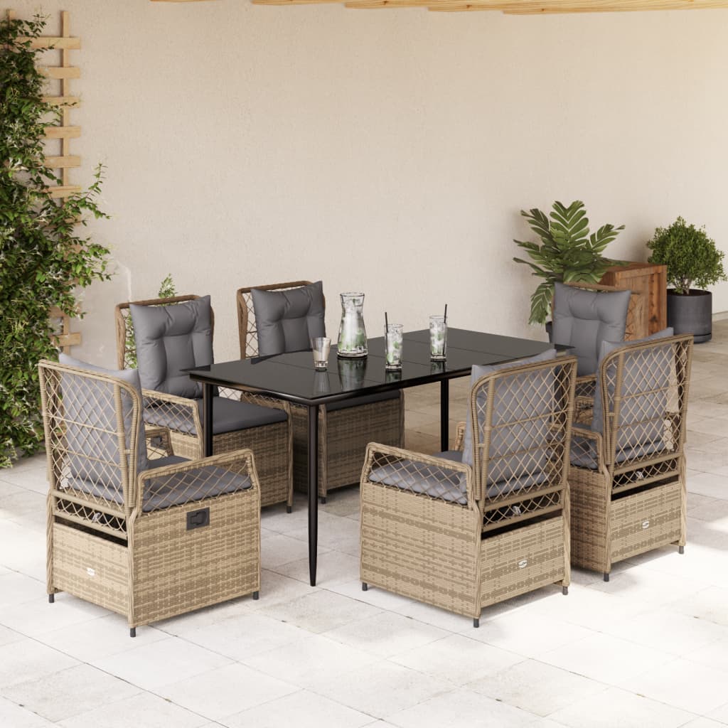 7-tlg. Garten-Essgruppe mit Kissen Beige Poly Rattan