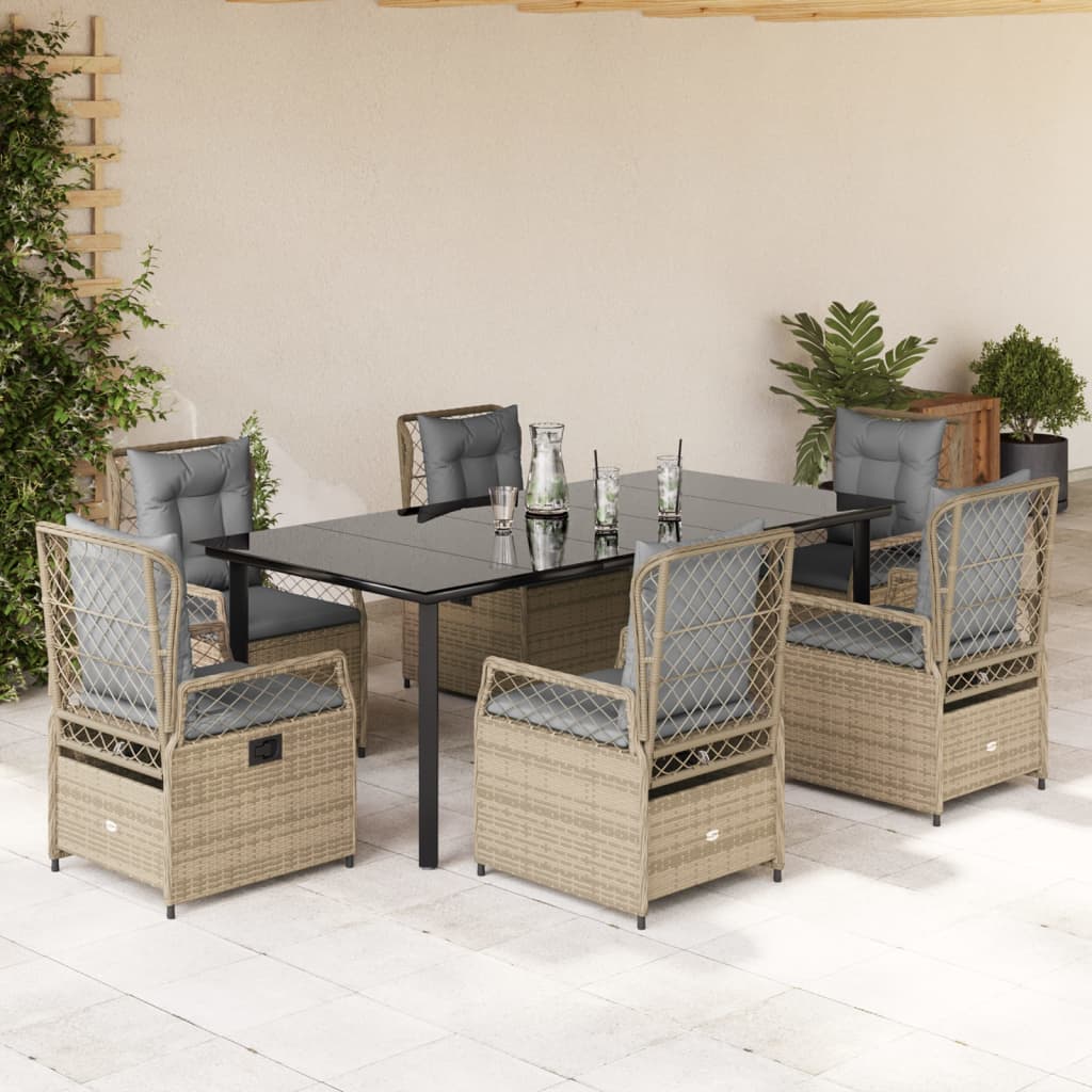 7-tlg. Garten-Essgruppe mit Kissen Beige Poly Rattan