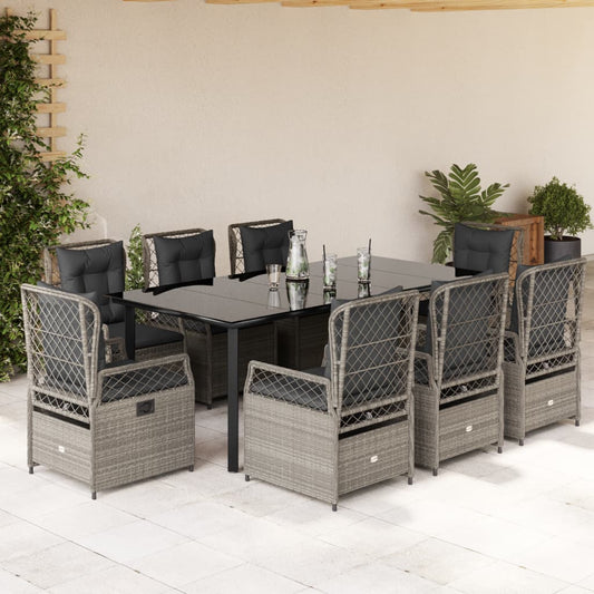 9-tlg. Garten-Essgruppe mit Kissen Hellgrau Poly Rattan