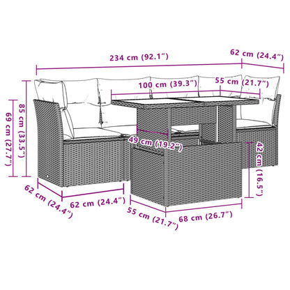 5-teiliges Gartensofa-Set mit Kissen, schwarzes Polyrattan