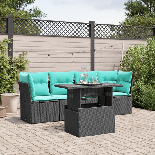 5-teiliges Gartensofa-Set mit Kissen, schwarzes Polyrattan