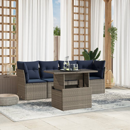 5-teiliges Gartensofa-Set mit Kissen, grau, Polyrattan