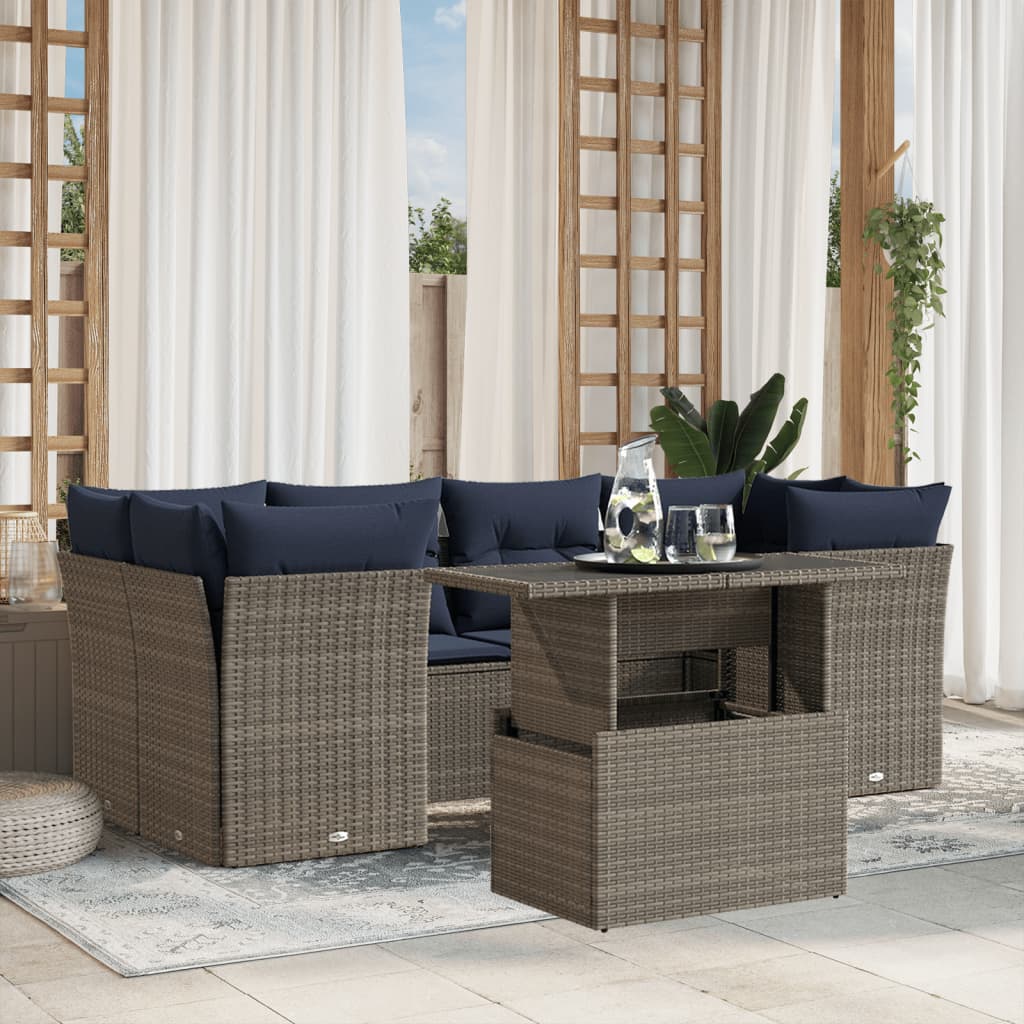 7-teiliges Gartensofa-Set mit Kissen, grau, Polyrattan