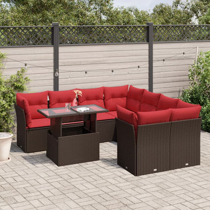 9-teiliges Gartensofa-Set mit Kissen, braun, Polyrattan