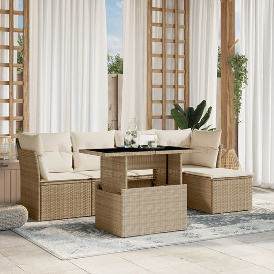 6-tlg. Garten-Sofagarnitur mit Kissen Beige Poly Rattan