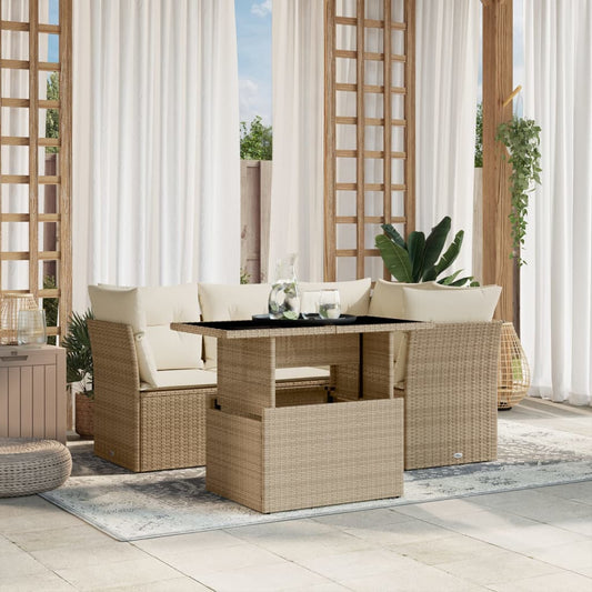 5-tlg. Garten-Sofagarnitur mit Kissen Beige Poly Rattan