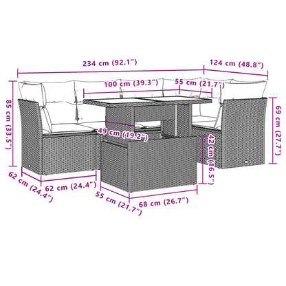 6-teiliges Gartensofa-Set mit Kissen, schwarzes Polyrattan
