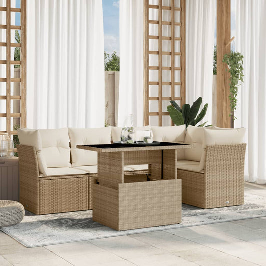 6-tlg. Garten-Sofagarnitur mit Kissen Beige Poly Rattan