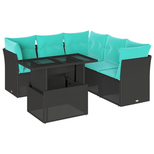 6-teiliges Gartensofa-Set mit Kissen, schwarzes Polyrattan