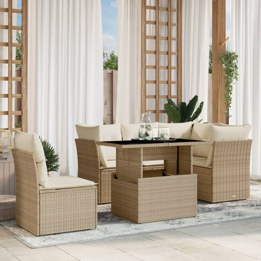 6-tlg. Garten-Sofagarnitur mit Kissen Beige Poly Rattan