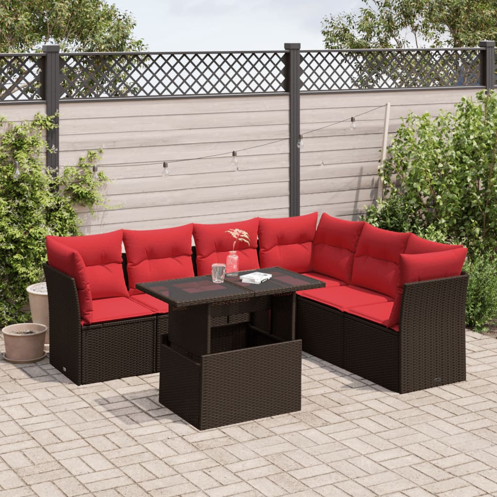 7-teiliges Gartensofa-Set mit Kissen, braun, Polyrattan