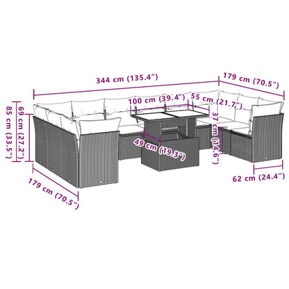 11-tlg. Garten-Sofagarnitur mit Kissen Schwarz Poly Rattan