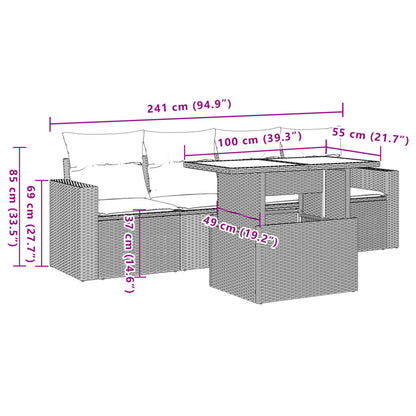 5-teiliges Gartensofa-Set mit Kissen, grau, Polyrattan