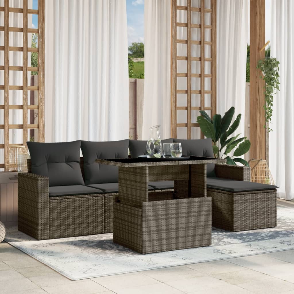 6-tlg. Garten-Sofagarnitur mit Kissen Grau Poly Rattan