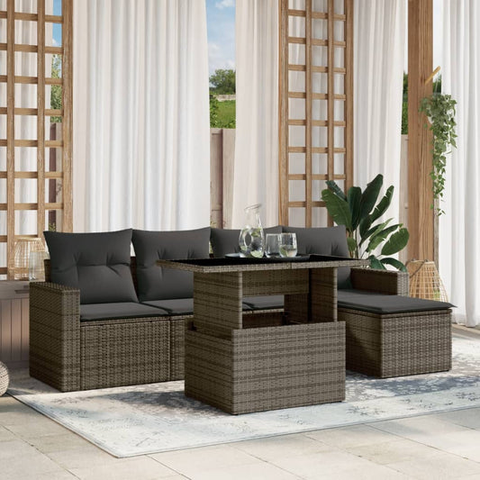 6-tlg. Garten-Sofagarnitur mit Kissen Grau Poly Rattan