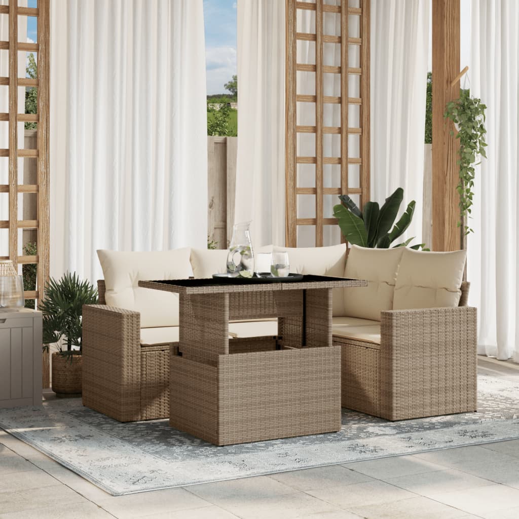 5-tlg. Garten-Sofagarnitur mit Kissen Beige Poly Rattan