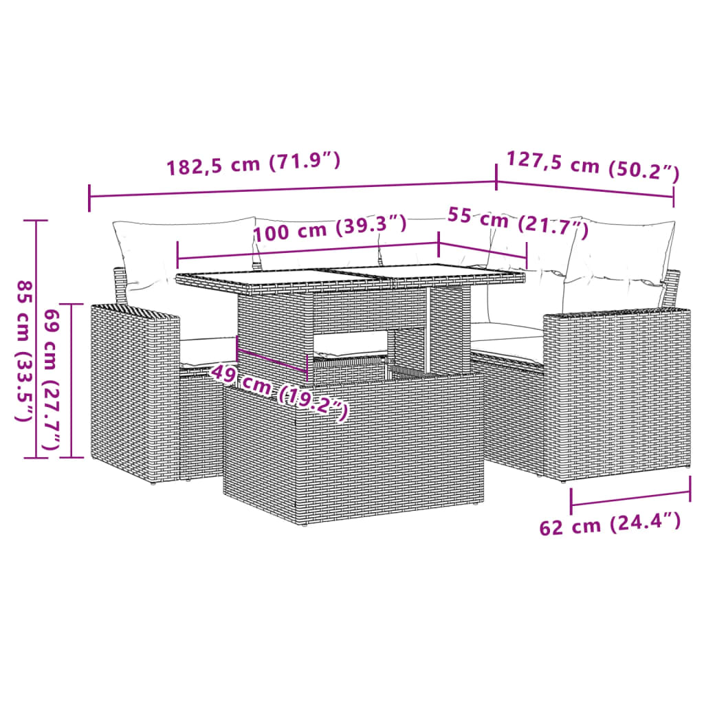 5-tlg. Garten-Sofagarnitur mit Kissen Grau Poly Rattan