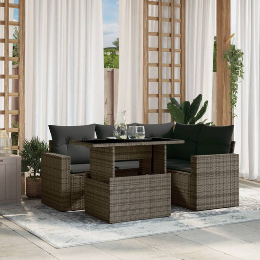 5-tlg. Garten-Sofagarnitur mit Kissen Grau Poly Rattan