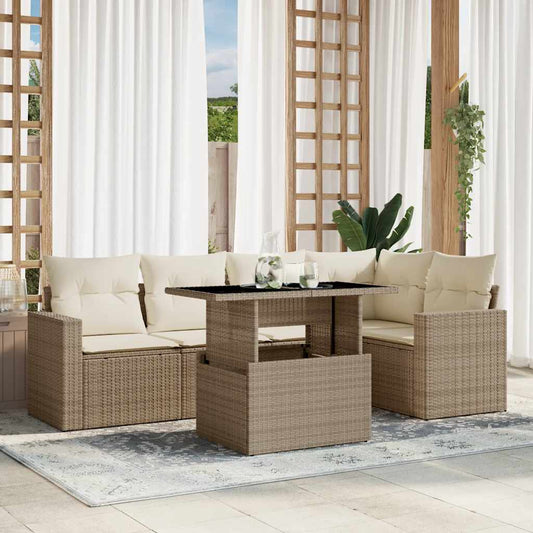 6-tlg. Garten-Sofagarnitur mit Kissen Beige Poly Rattan