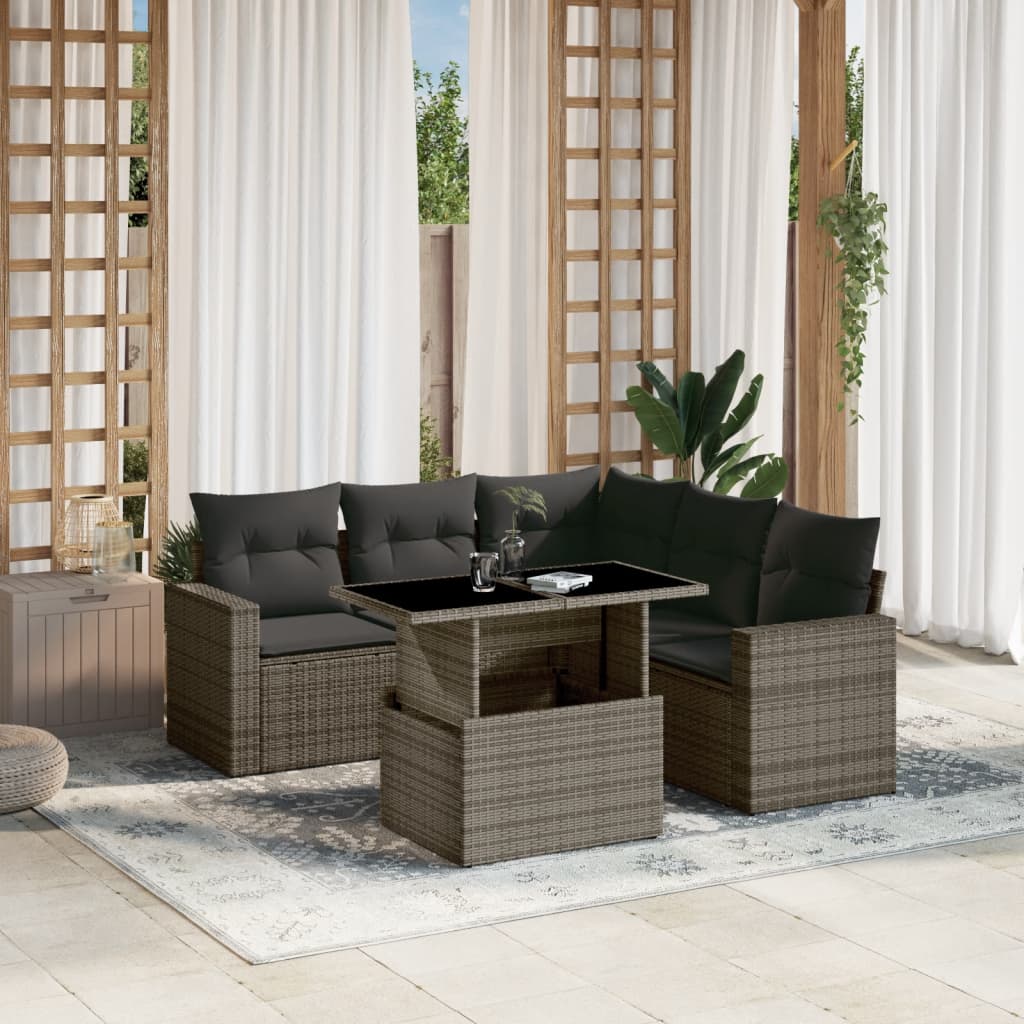 6-tlg. Garten-Sofagarnitur mit Kissen Grau Poly Rattan