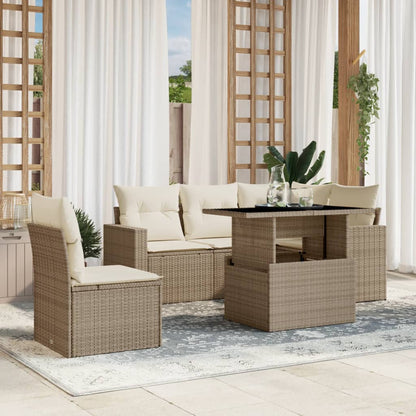 6-tlg. Garten-Sofagarnitur mit Kissen Beige Poly Rattan